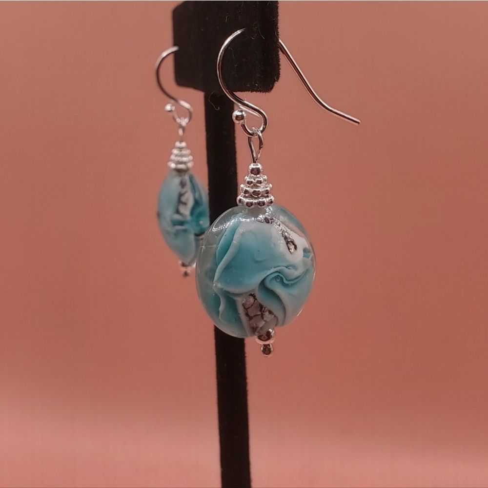 Blue Lampwork and Bali Sterling Silver Earrings